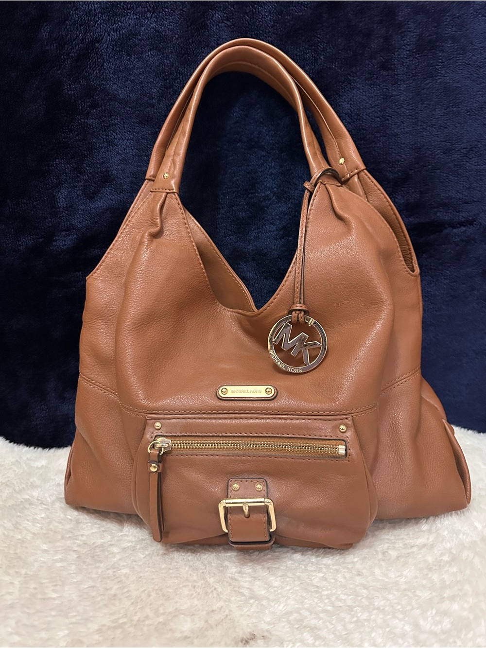 Michael Kors Fulton Brown Pebbled Leather Buckle Pocket Zipper Hobo